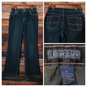 Baccini Jeans Size 10 Embellished Pockets Mid Rise Boot Cut Black Denim Stretch